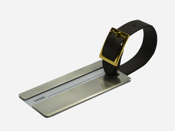oil-1 Custom leather and metal luggage tag for travel and hospitality industry