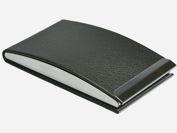 Classic Curved Pebble Leather & Metal Business Card Case